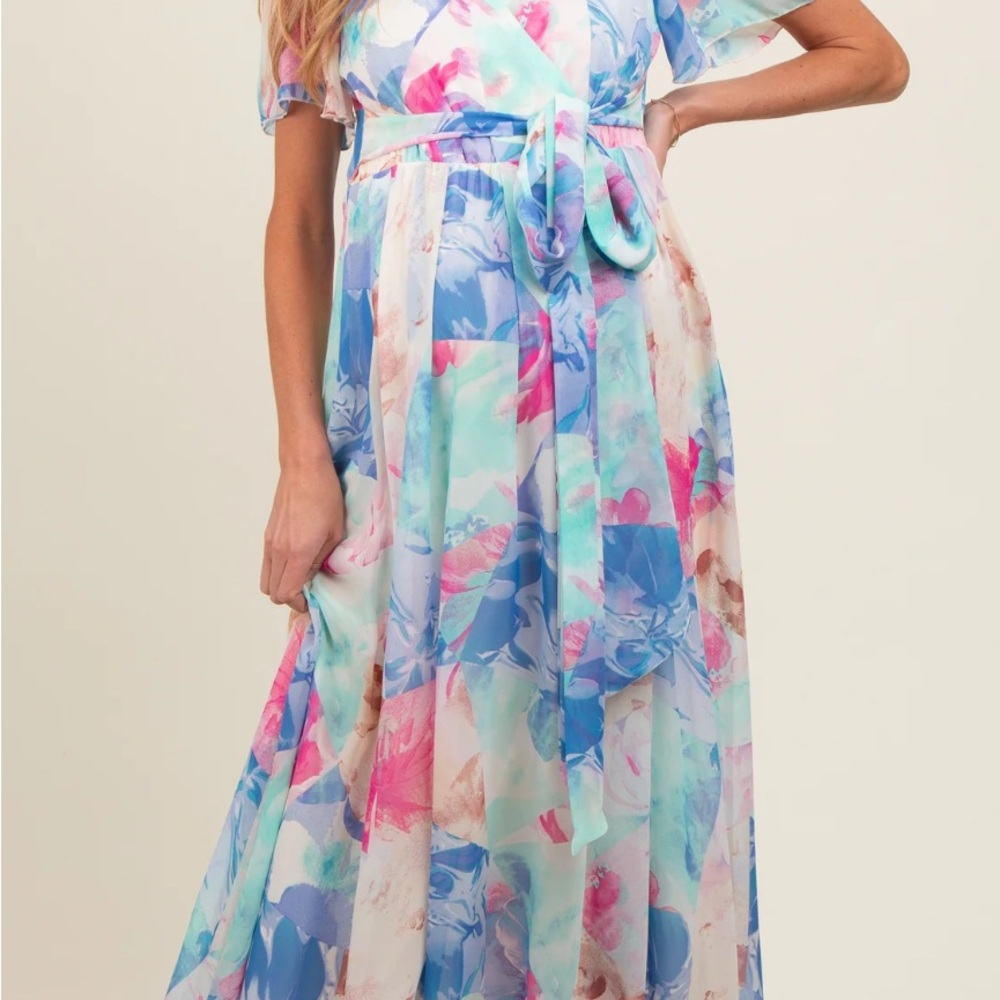 Maternity Blue Multicolor Floral Side Slit Wrap Maxi Dress